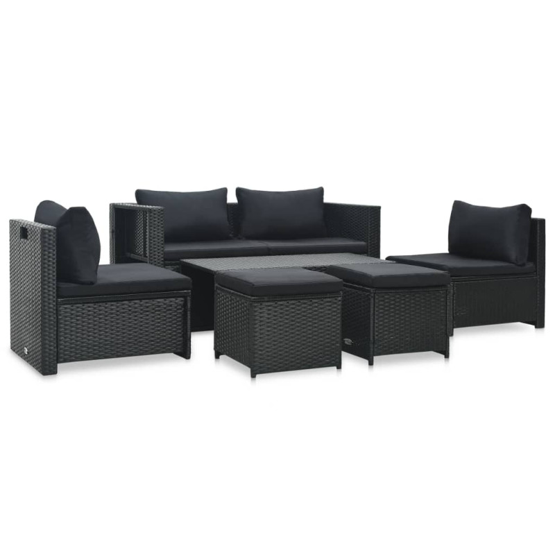 Salon de jardin 6 pcs avec coussins Résine tressée Noir