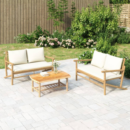 Salon de jardin 3 pcs avec coussins blanc crème bambou