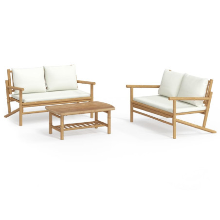 Salon de jardin 3 pcs avec coussins blanc crème bambou