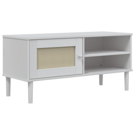 Meuble TV SENJA aspect rotin blanc 106x40x49cm bois massif pin