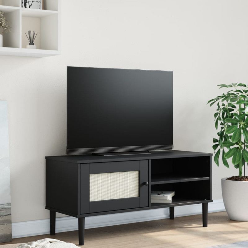 Meuble TV SENJA aspect rotin noir 106x40x49cm bois massif pin