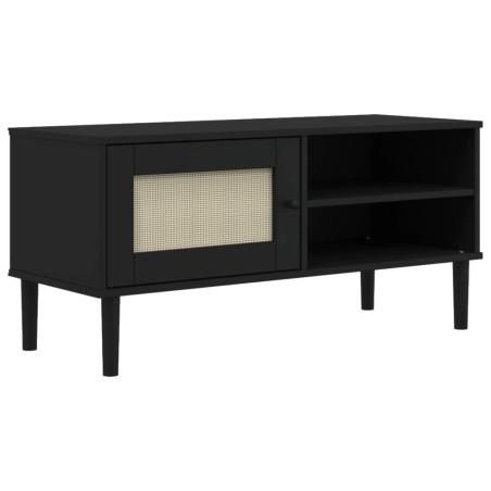 Meuble TV SENJA aspect rotin noir 106x40x49cm bois massif pin