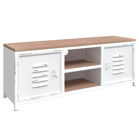 Meuble TV Blanc 110x30x40 cm Fer et bois de sapin massif