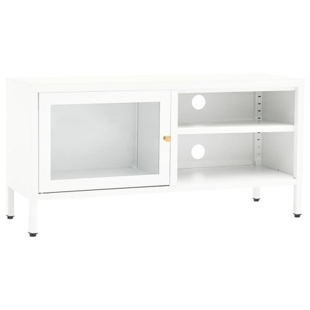 Meuble TV Blanc 90x30x44 cm Acier et verre