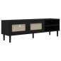 Meuble TV SENJA aspect rotin noir 158x40x49cm bois massif pin