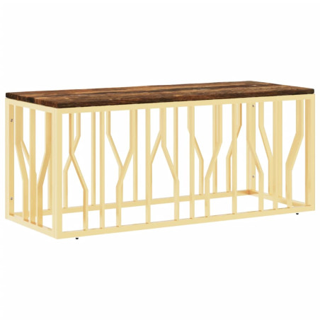 Table basse doré acier inoxydable et bois massif récupération