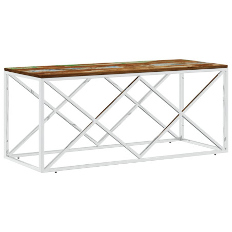 Table basse acier inoxydable et bois massif de récupération