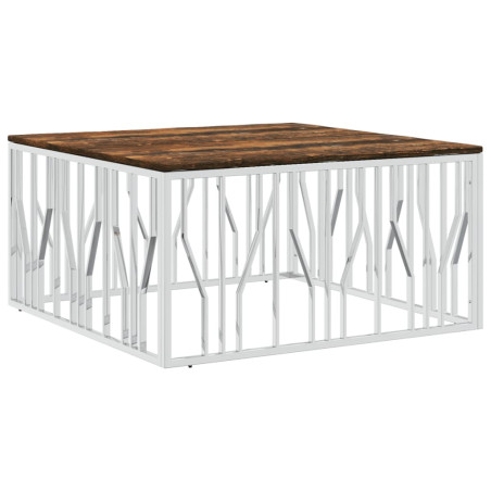 Table basse argenté acier inoxydable/bois massif récupération