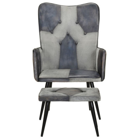 Fauteuil avec repose-pieds Gris Cuir véritable et toile