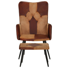 Fauteuil avec repose-pieds Marron Cuir véritable et toile