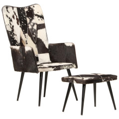 Chaise à oreilles avec repose-pied Noir Cuir véritable